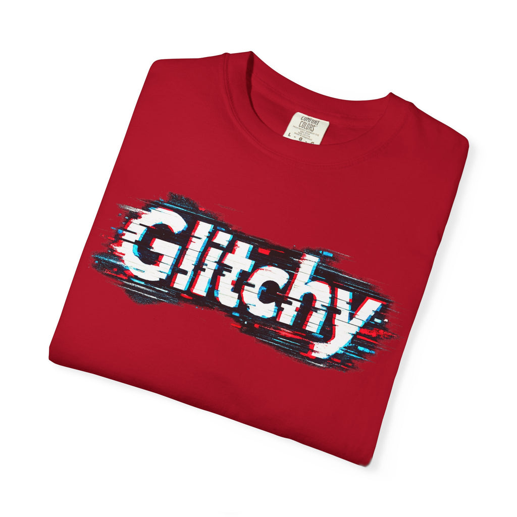 Glitchy Graphic T-Shirt — Retro Glitch Text Tee (Front "GO", Back "Glitchy")