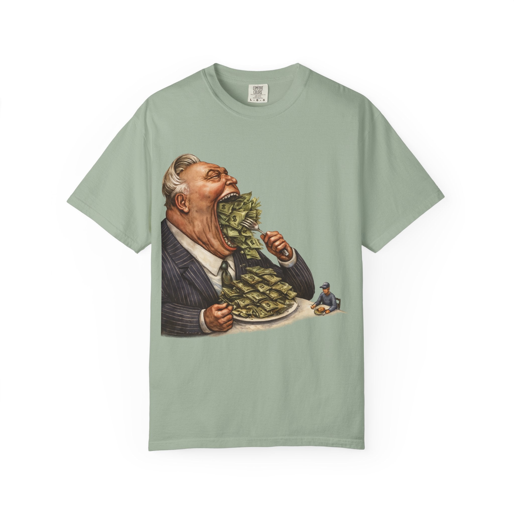 Money Greed Cartoon T-Shirt — Satirical Businessman Eating Cash Tee