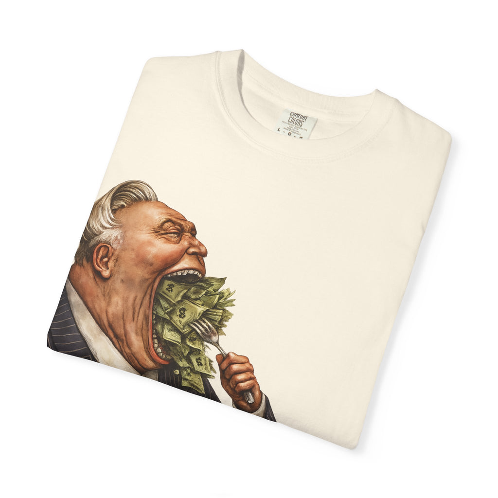 Money Greed Cartoon T-Shirt — Satirical Businessman Eating Cash Tee