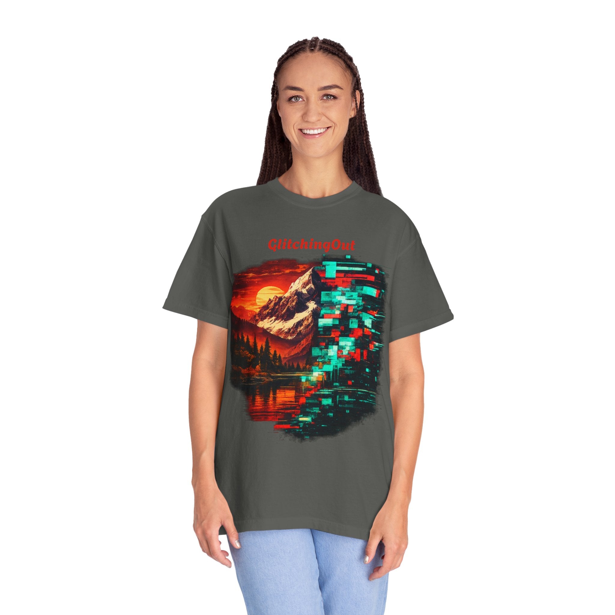 Graphic T-Shirt — "Glitching Out" Mountain Sunset Pixel Art