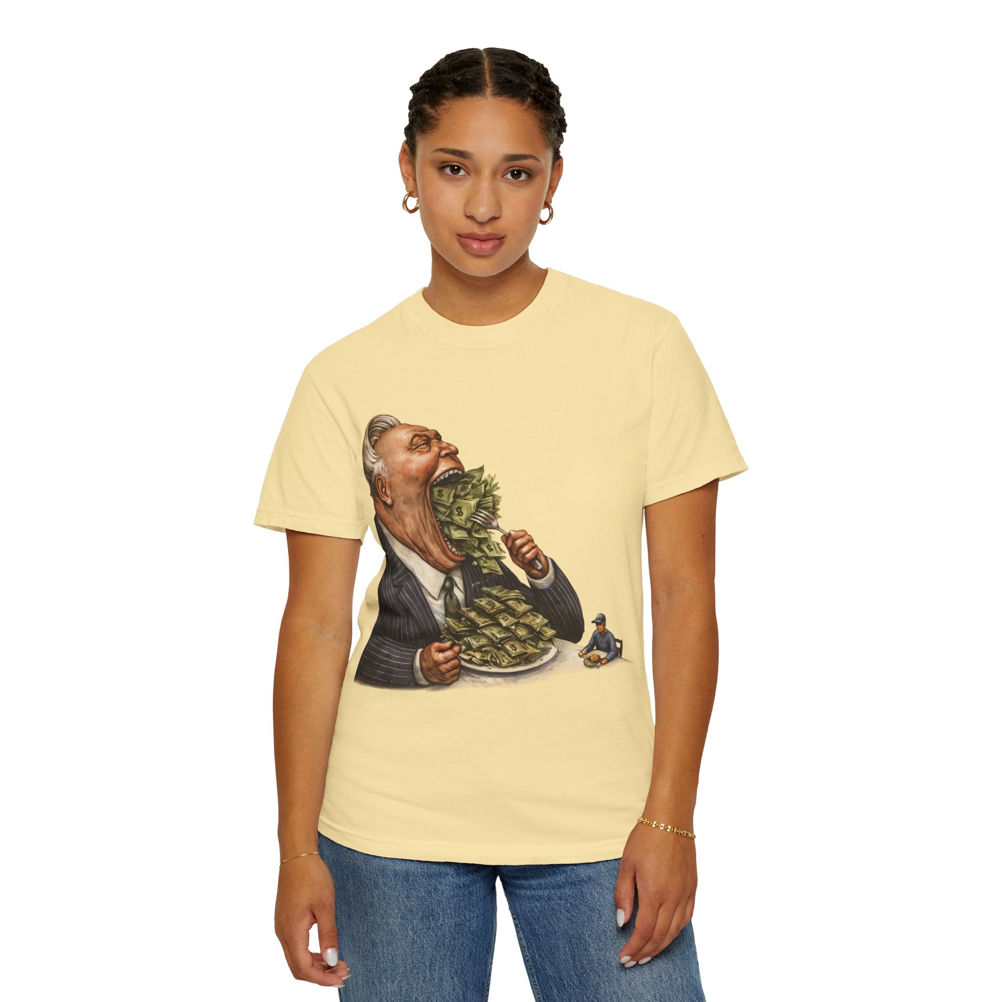 Money Greed Cartoon T-Shirt — Satirical Businessman Eating Cash Tee