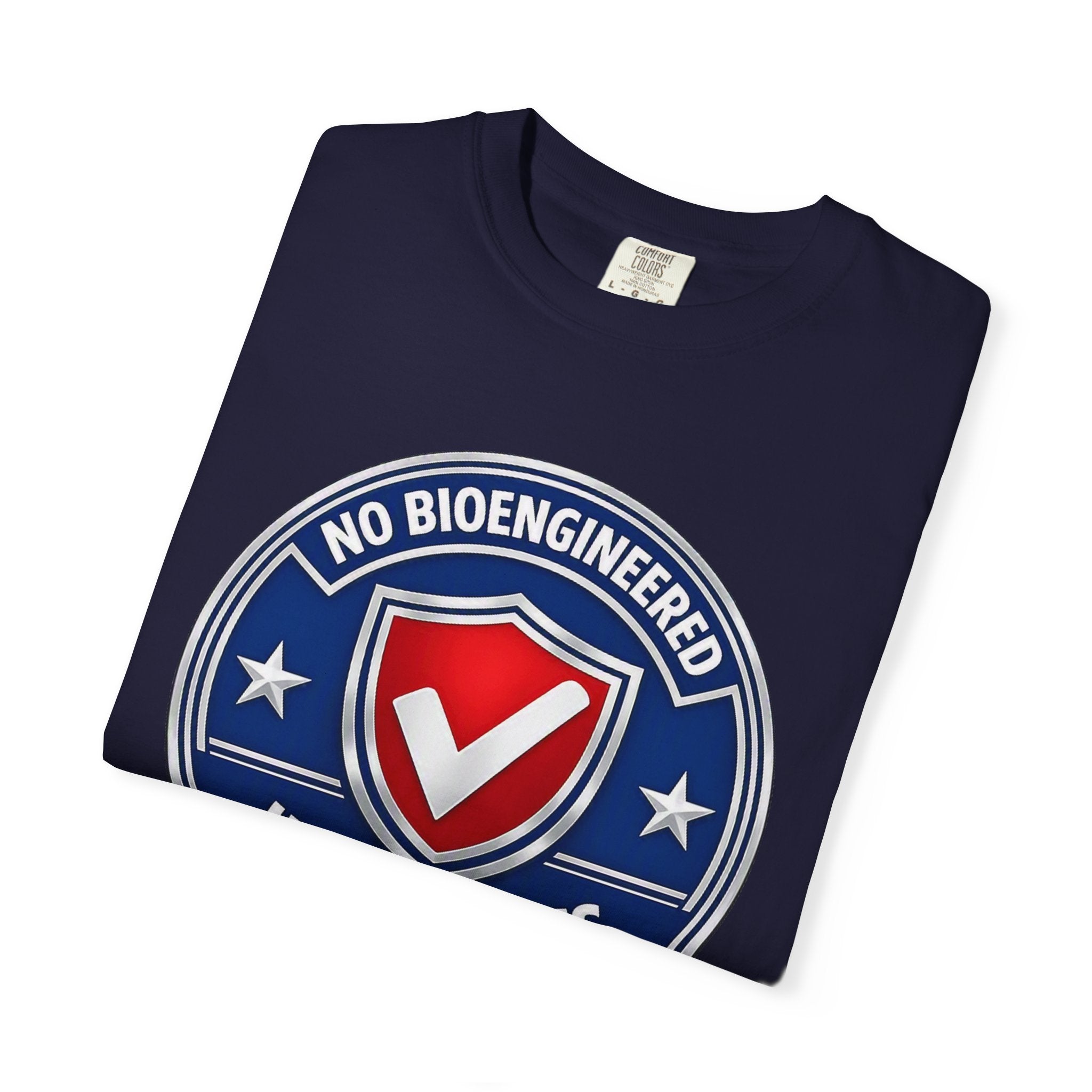 No Bioengineered Ingredients T-Shirt — Retro Shield Organic Food Badge Tee