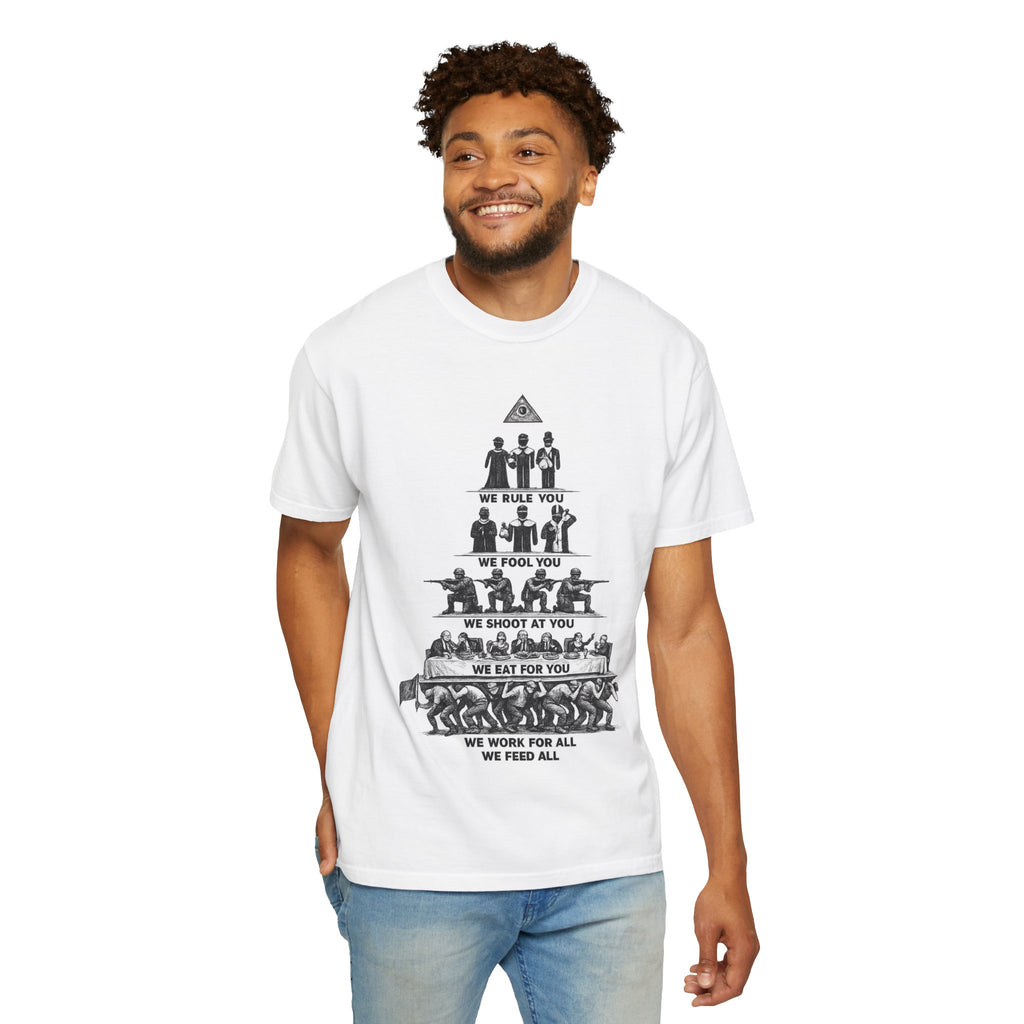 T-Shirt — Hierarchy of Power Graphic Tee ("We Rule You / We Fool You / We Shoot At You / We Eat For You / We Work For All / We Feed All")