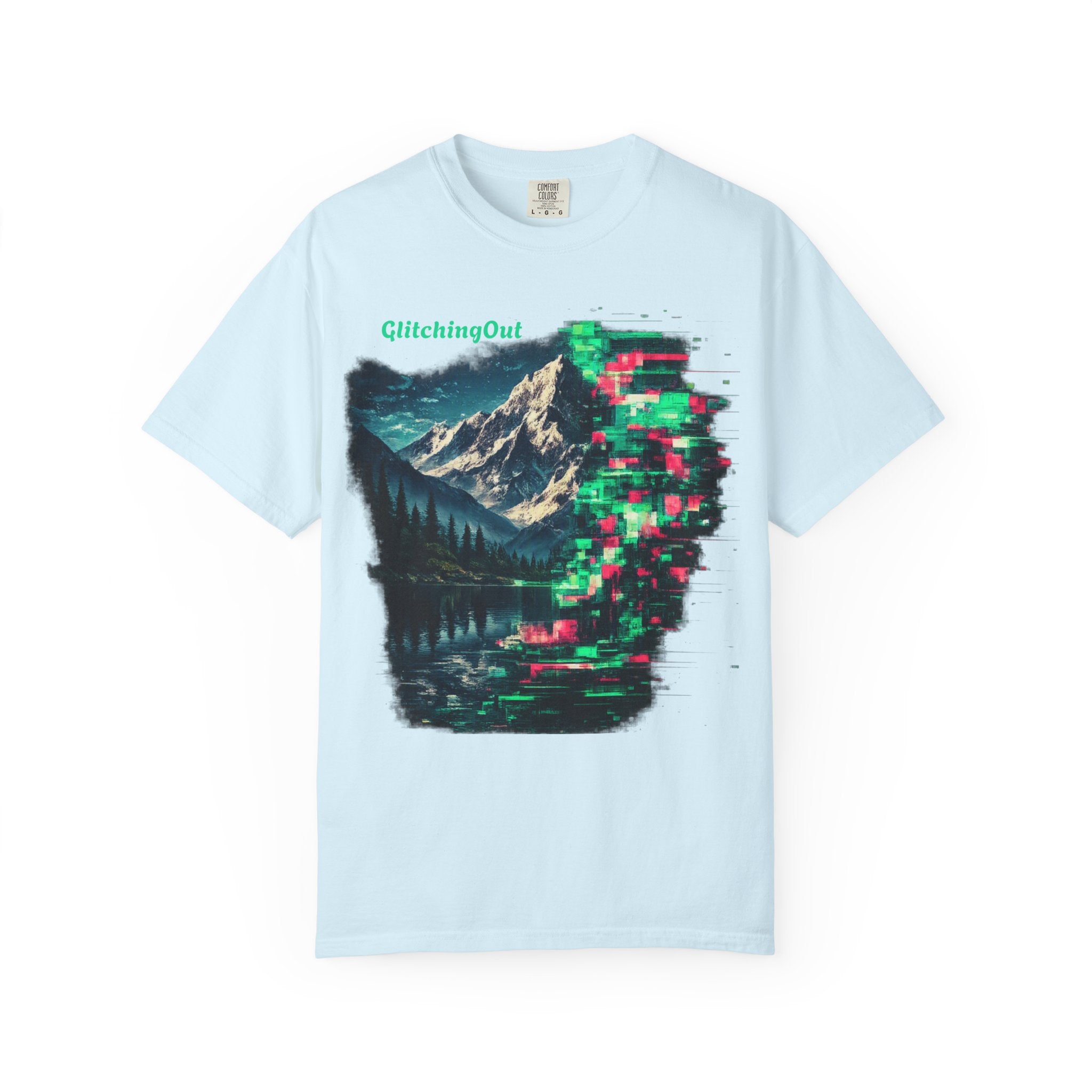 GlitchingOut Mountain Landscape T-Shirt — Retro Glitch Nature Graphic Tee