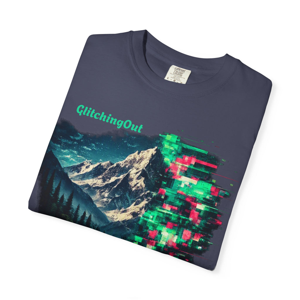 GlitchingOut Mountain Landscape T-Shirt — Retro Glitch Nature Graphic Tee