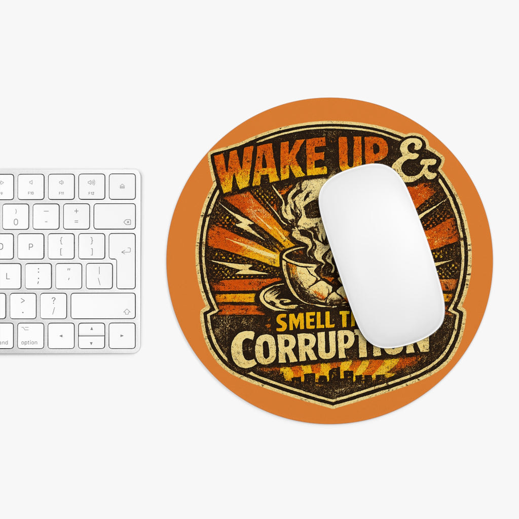 Wake Up & Smell the Corruption Round Mouse Pad — Retro Skull Coffee Desk Mat