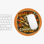 Wake Up & Smell the Corruption Round Mouse Pad — Retro Skull Coffee Desk Mat