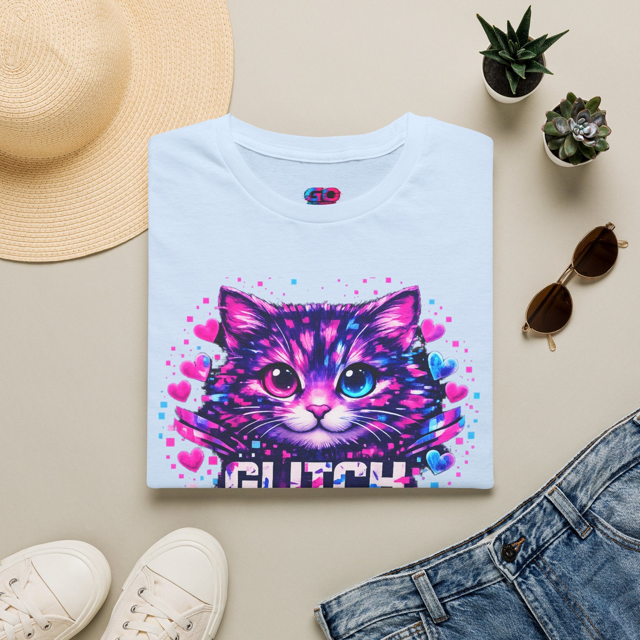 Glitch Cat T-Shirt — Retro Neon Kitty “Glitch the System” Graphic Tee