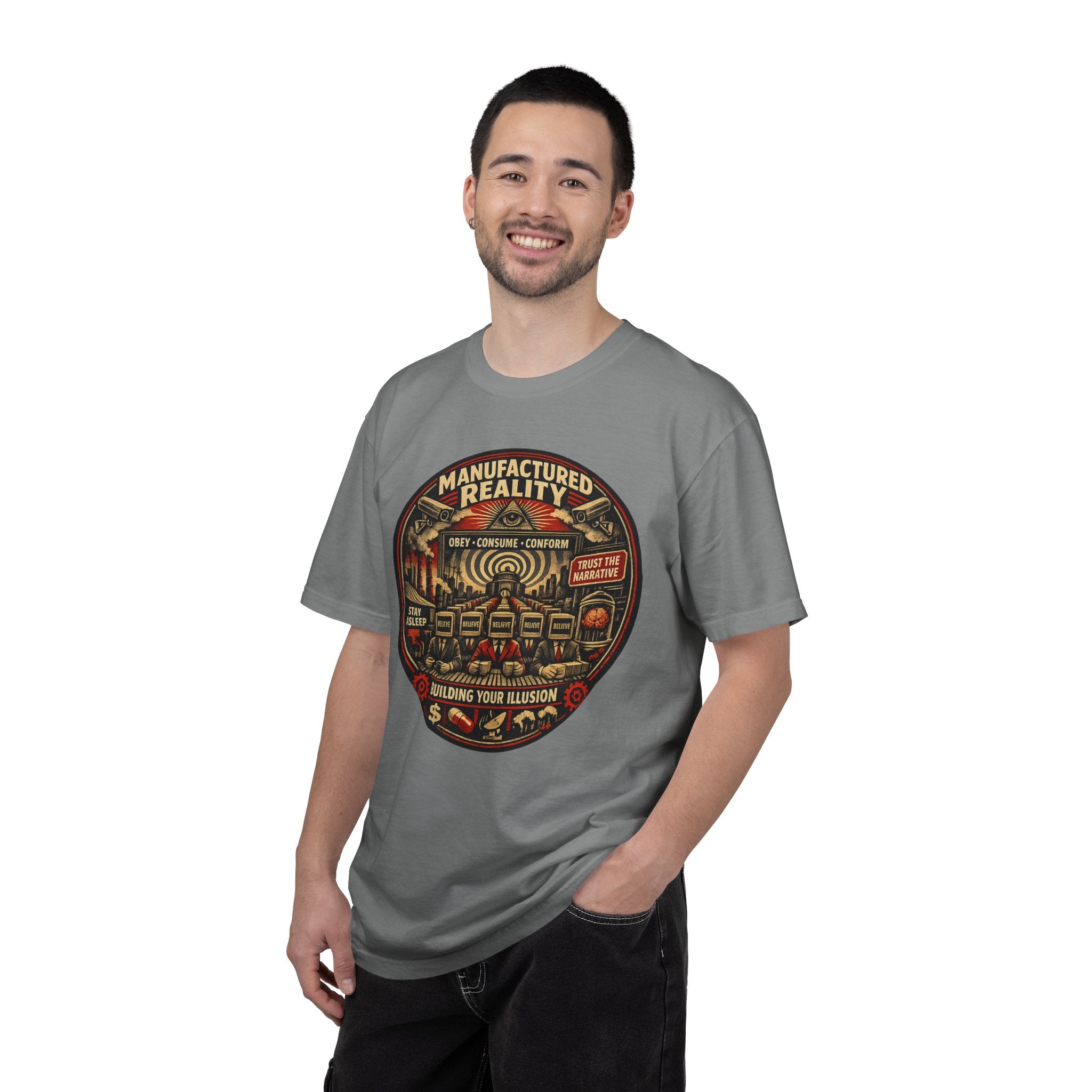 Manufactured Reality Graphic "Building Your Illusion" Vintage Protest — T-Shirt