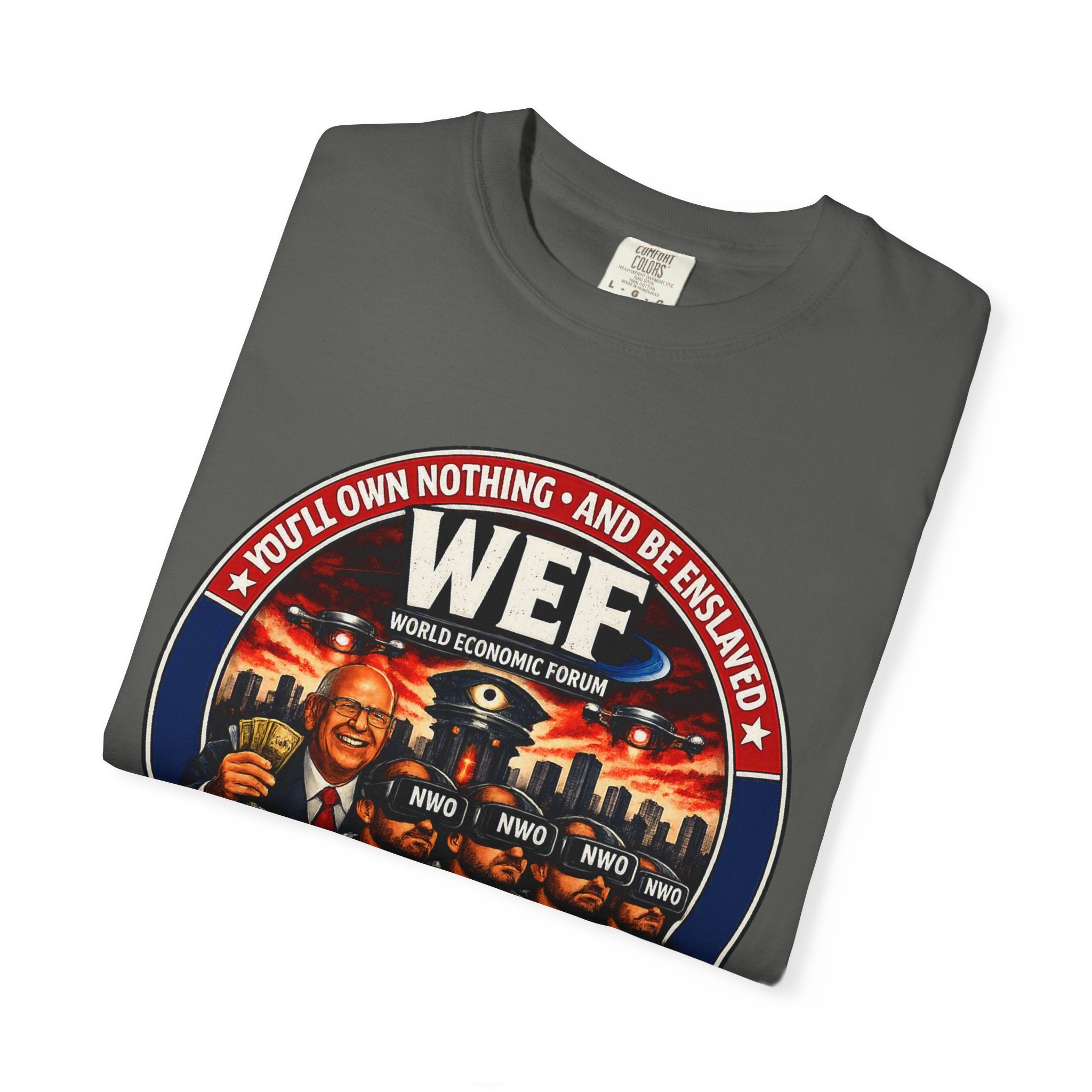 T-Shirt — WEF Dystopian Retro Logo “Rent • Subscribe • Obey”
