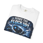 T-Shirt — "Wake the Flock Up" V2 Protest Graphic Tee (Bold Blue Dystopian Design)