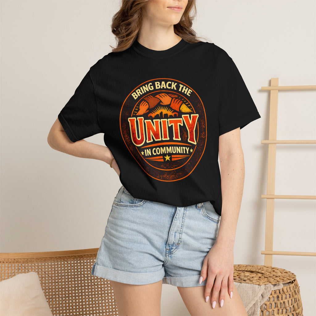Unity Graphic T-Shirt — "Bring Back the Unity in Community" Vintage Badge Design