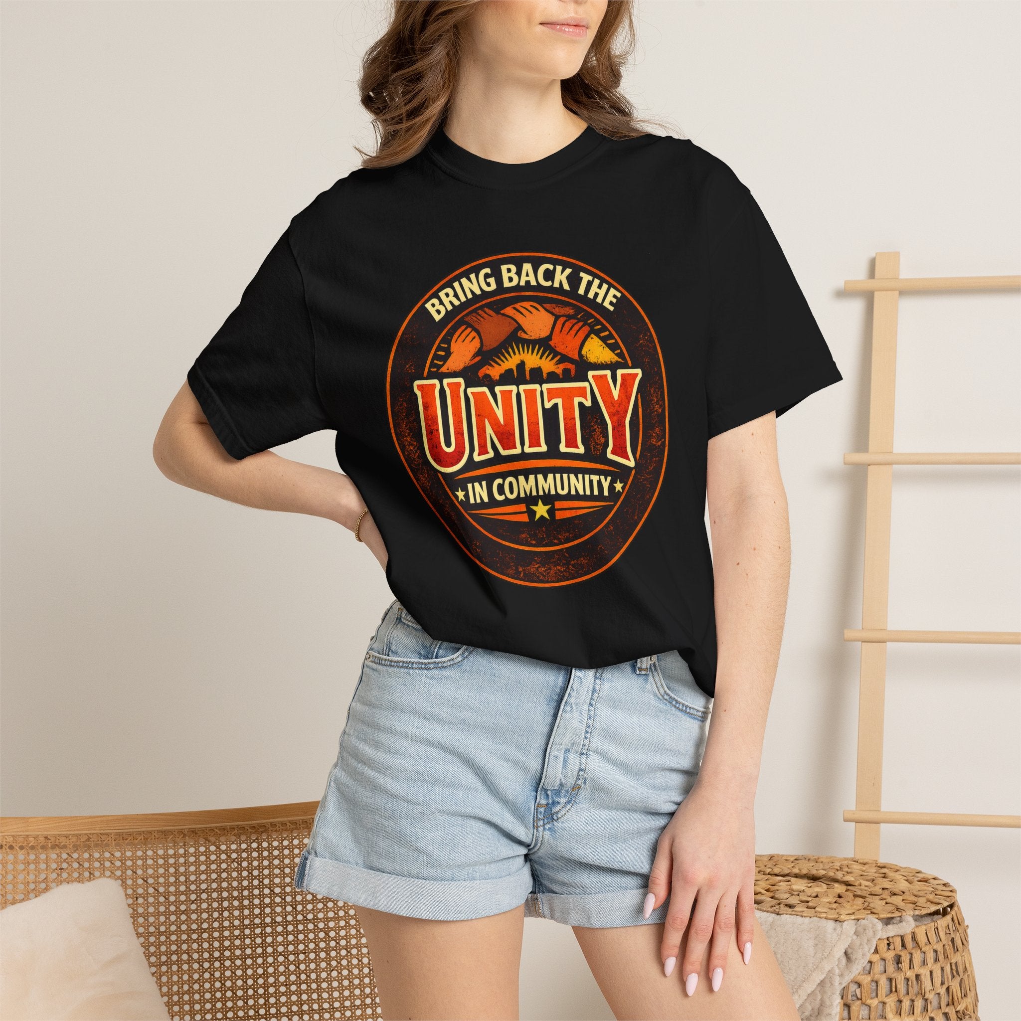 Unity Graphic T-Shirt — "Bring Back the Unity in Community" Vintage Badge Design