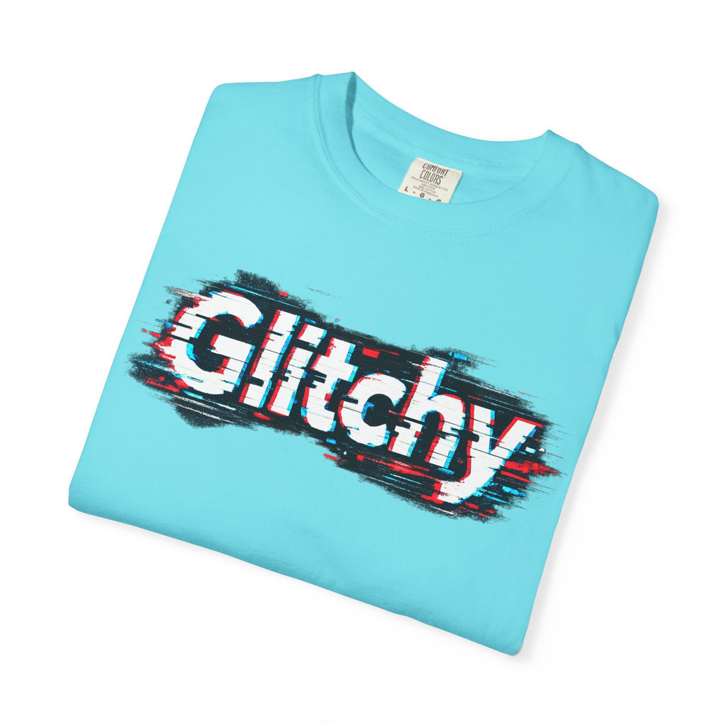 Glitchy Graphic T-Shirt — Retro Glitch Text Tee (Front "GO", Back "Glitchy")