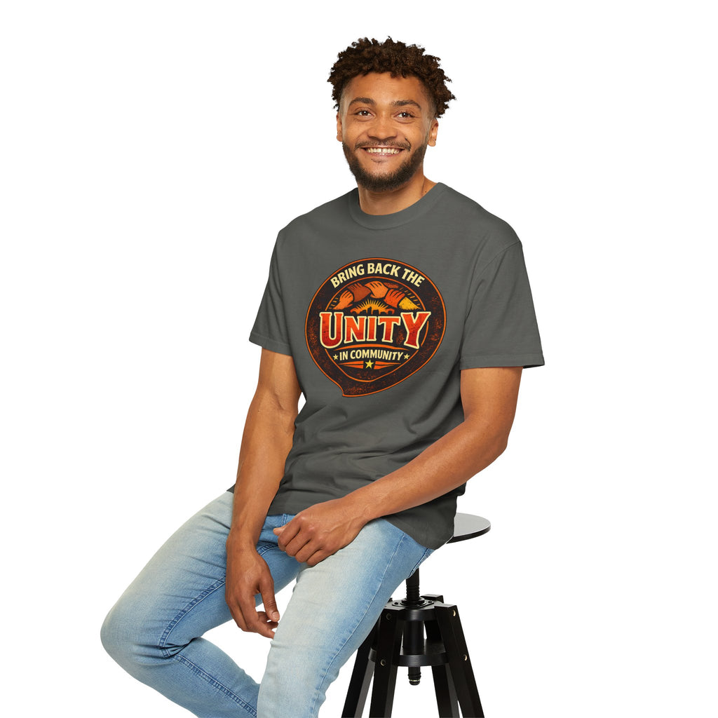 Unity Graphic T-Shirt — "Bring Back the Unity in Community" Vintage Badge Design