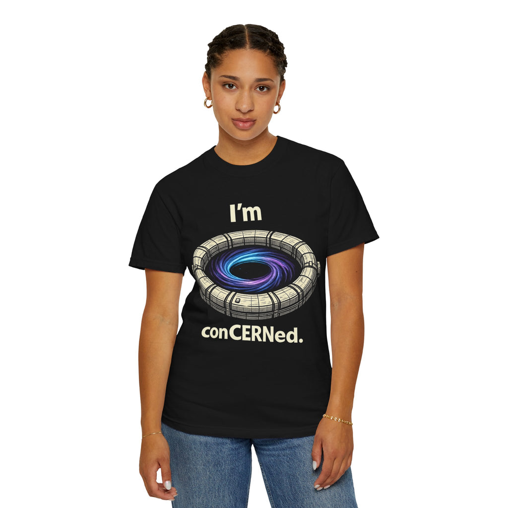 T-Shirt — "I'm conCERNed." Black Hole CERN Physics Science Tee