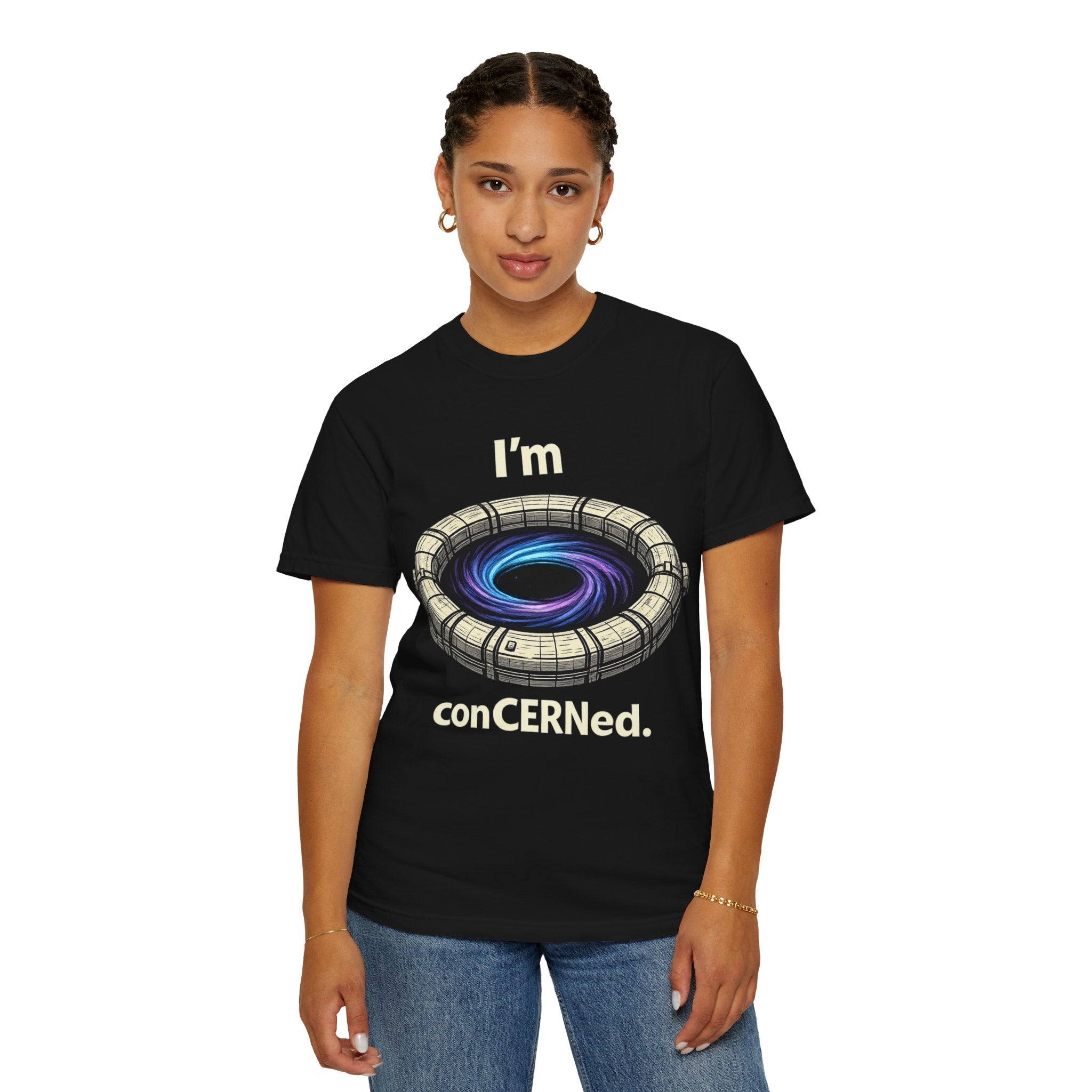 T-Shirt — "I'm conCERNed." Black Hole CERN Physics Science Tee