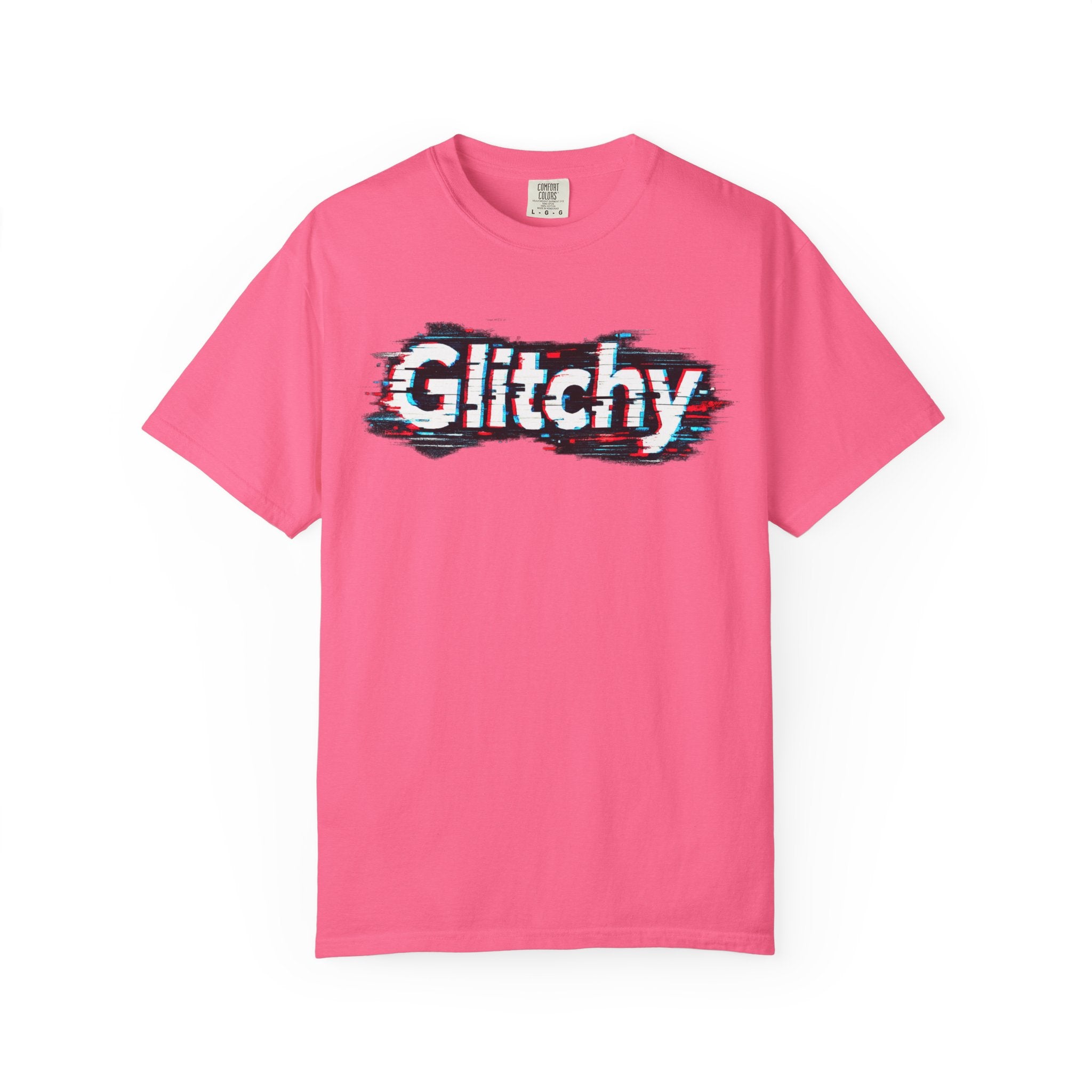 Glitchy Graphic T-Shirt — Retro Glitch Text Tee (Front "GO", Back "Glitchy")