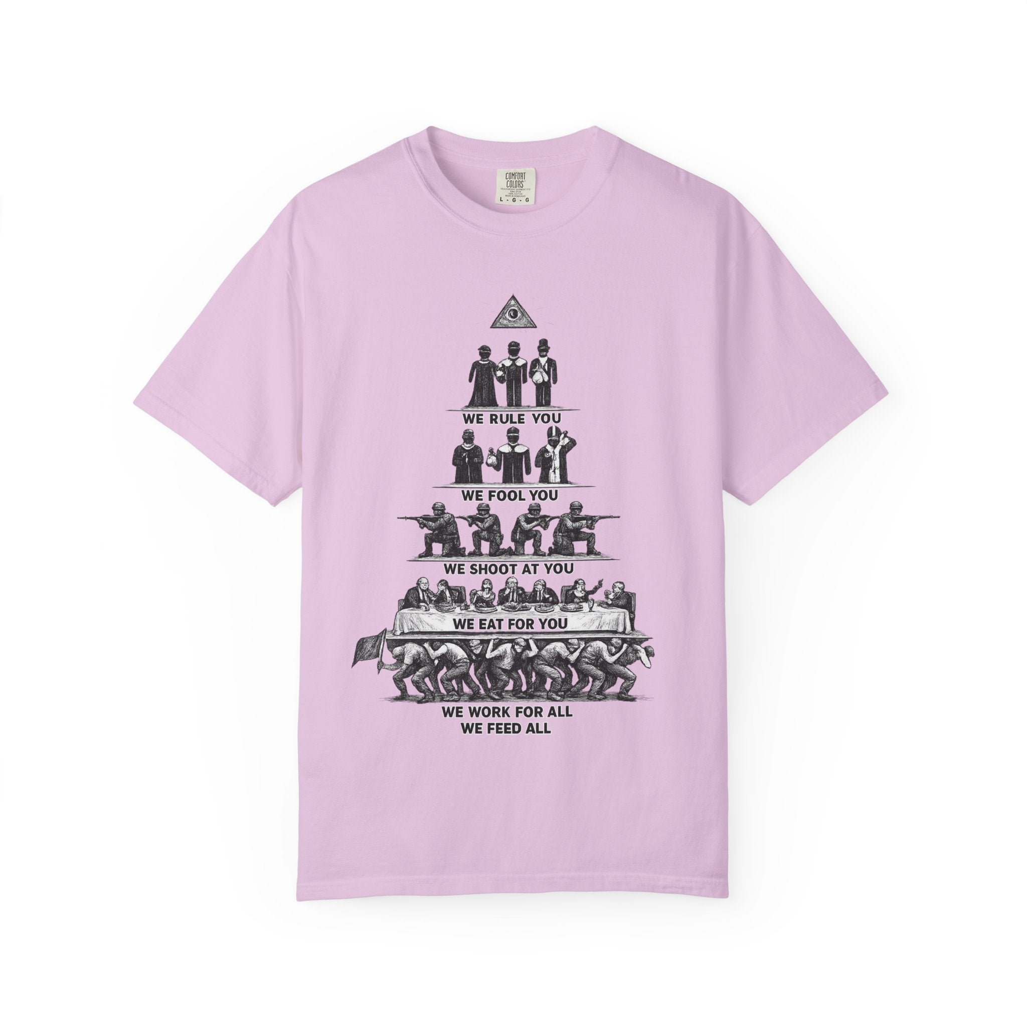 T-Shirt — Hierarchy of Power Graphic Tee ("We Rule You / We Fool You / We Shoot At You / We Eat For You / We Work For All / We Feed All")