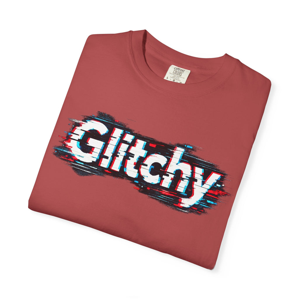 Glitchy Graphic T-Shirt — Retro Glitch Text Tee (Front "GO", Back "Glitchy")