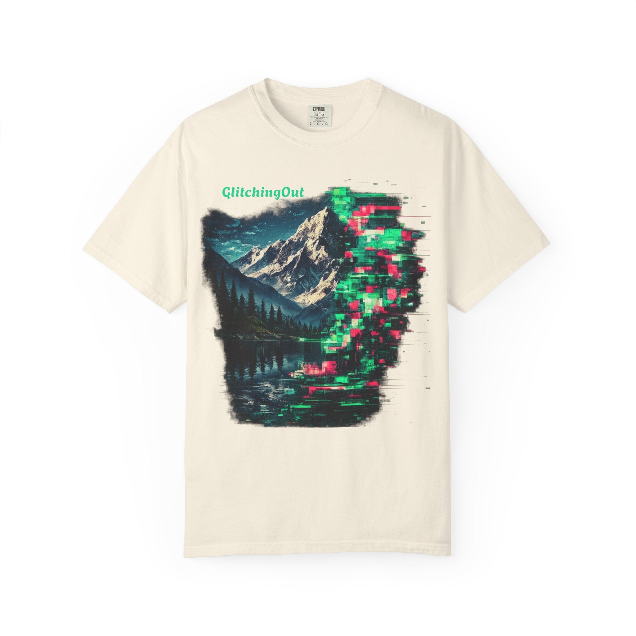 GlitchingOut Mountain Landscape T-Shirt — Retro Glitch Nature Graphic Tee
