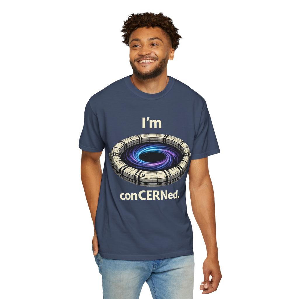 T-Shirt — "I'm conCERNed." Black Hole CERN Physics Science Tee