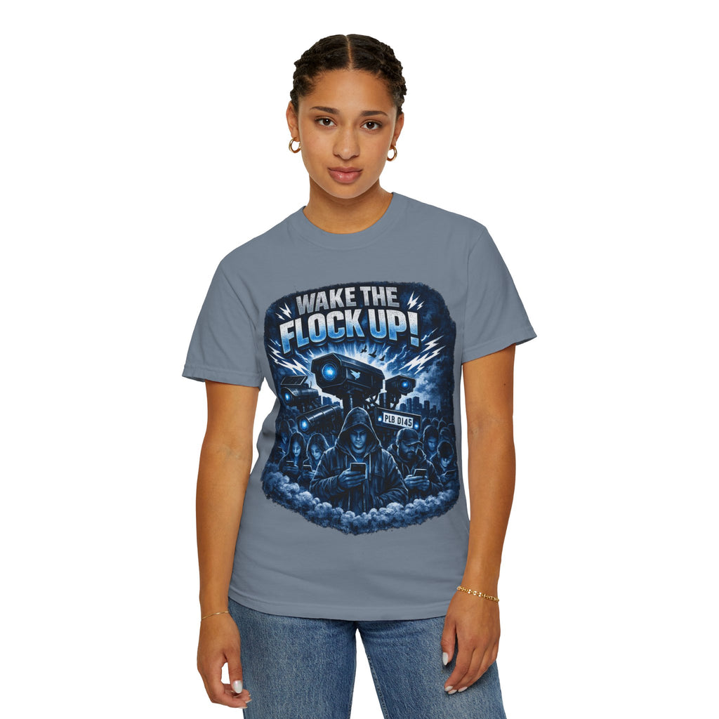 T-Shirt — "Wake the Flock Up" V2 Protest Graphic Tee (Bold Blue Dystopian Design)
