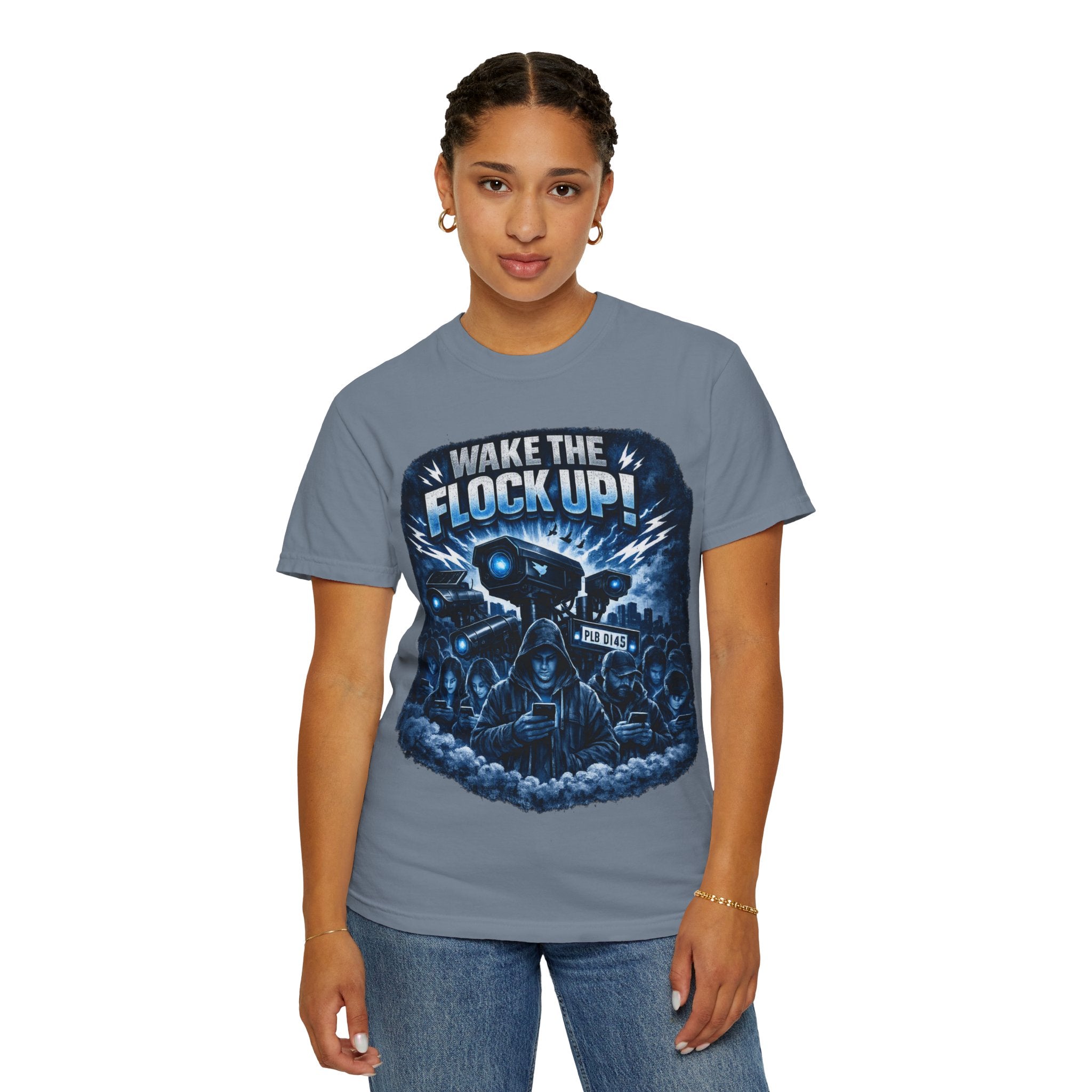 T-Shirt — "Wake the Flock Up" V2 Protest Graphic Tee (Bold Blue Dystopian Design)