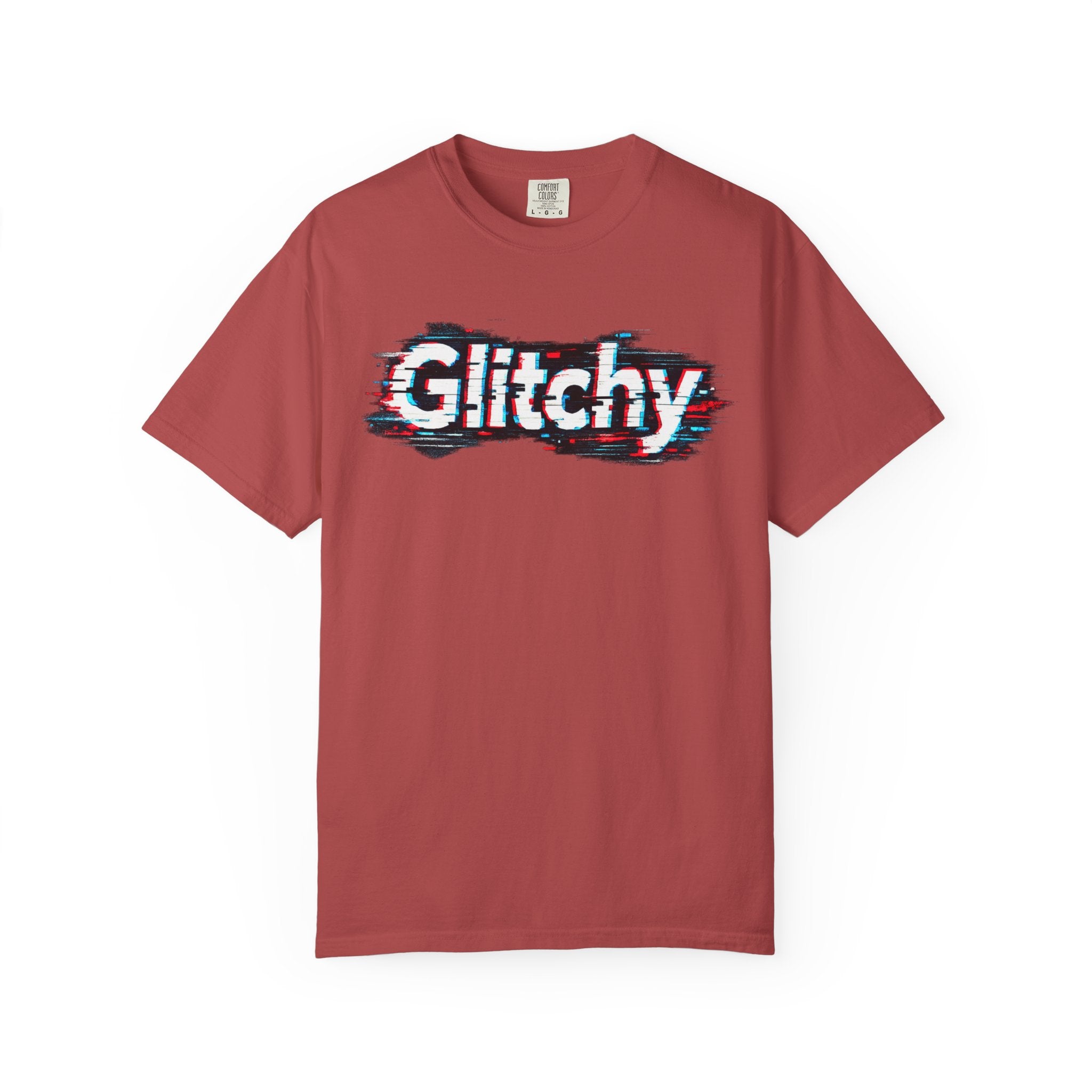 Glitchy Graphic T-Shirt — Retro Glitch Text Tee (Front "GO", Back "Glitchy")