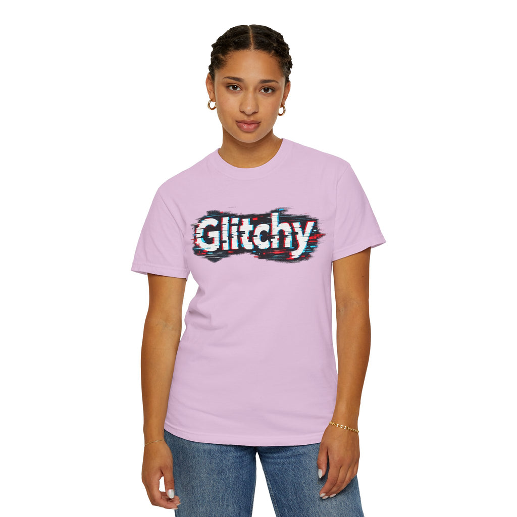 Glitchy Graphic T-Shirt — Retro Glitch Text Tee (Front "GO", Back "Glitchy")