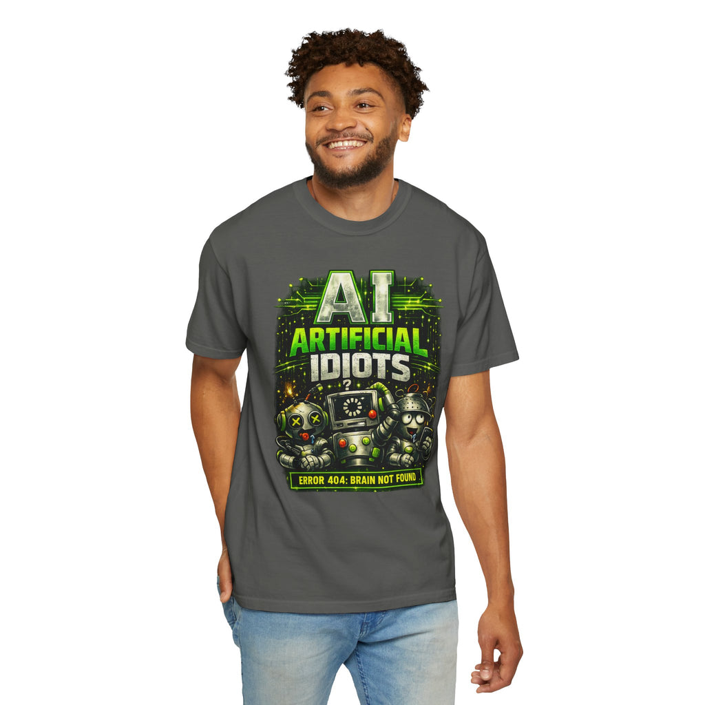 'AI Artificial Idiots: Error 404 — Brain Not Found' Satire Graphic T-Shirt