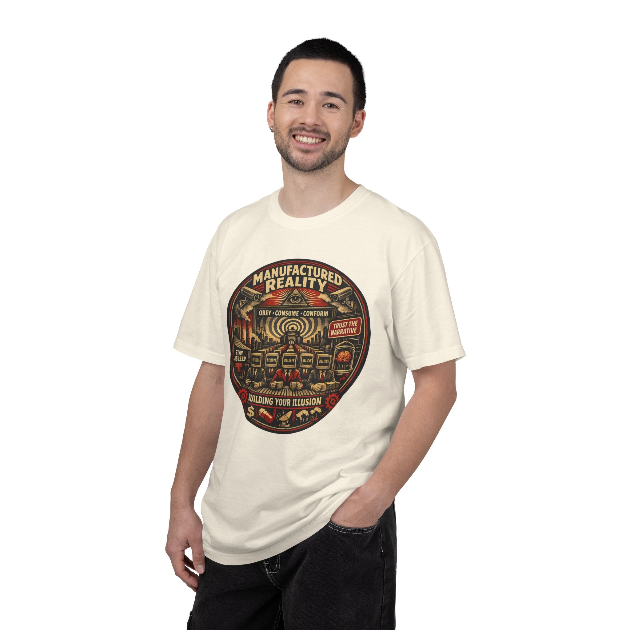 Manufactured Reality Graphic "Building Your Illusion" Vintage Protest — T-Shirt