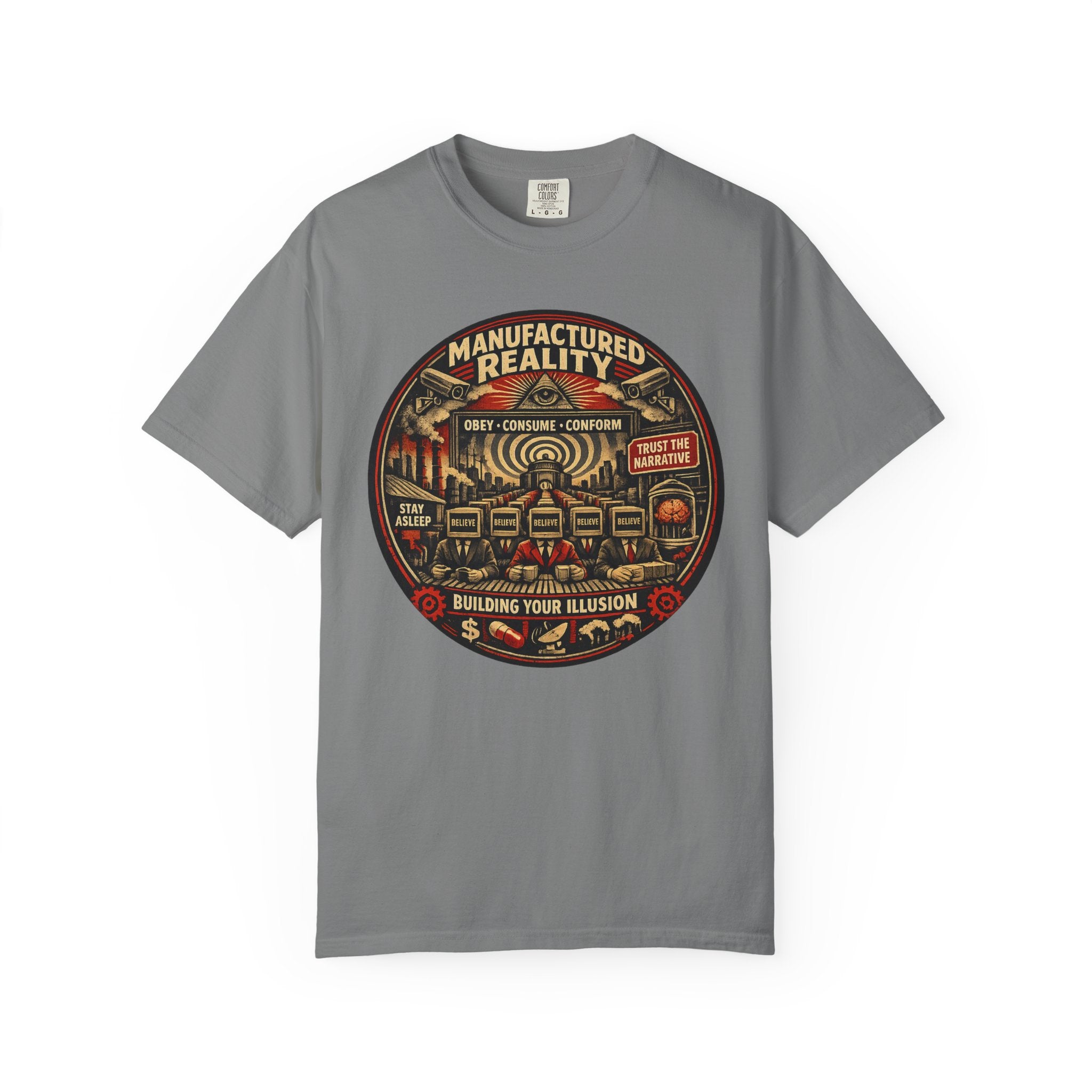 Manufactured Reality Graphic "Building Your Illusion" Vintage Protest — T-Shirt