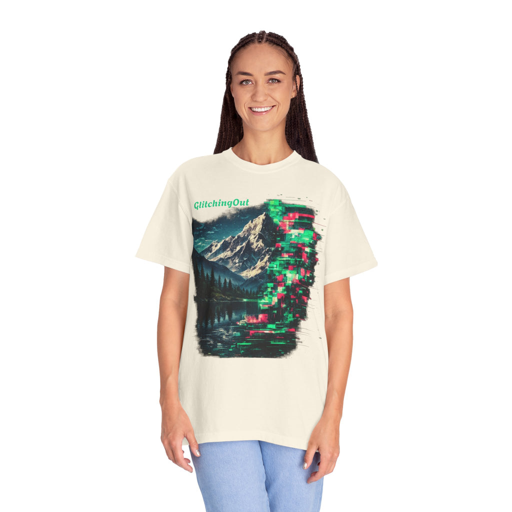 GlitchingOut Mountain Landscape T-Shirt — Retro Glitch Nature Graphic Tee