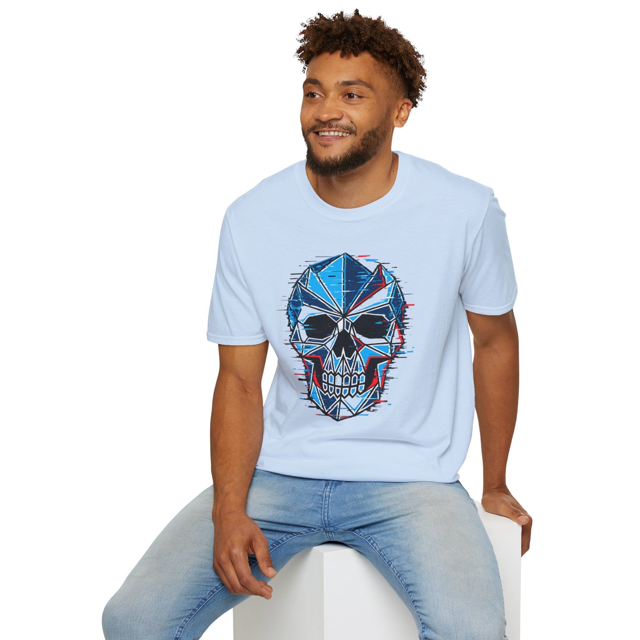 Geometric Blue Glitch Skull T‑Shirt — Edgy Men's & Women's Graphic Tee