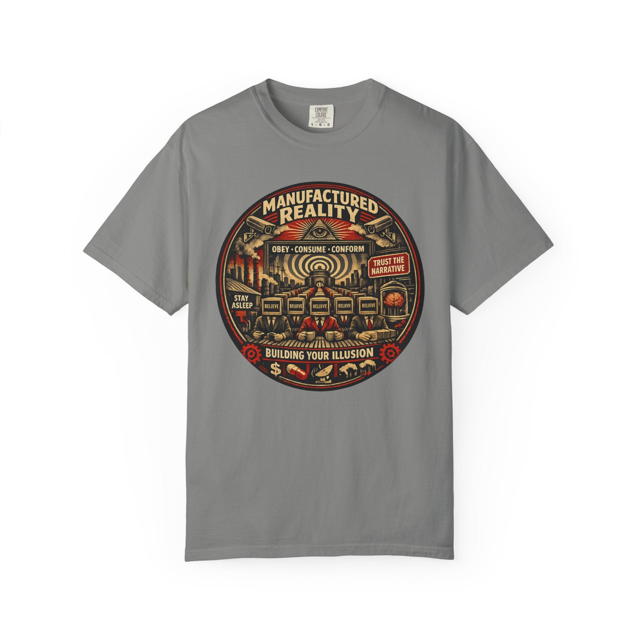 Manufactured Reality Graphic "Building Your Illusion" Vintage Protest — T-Shirt