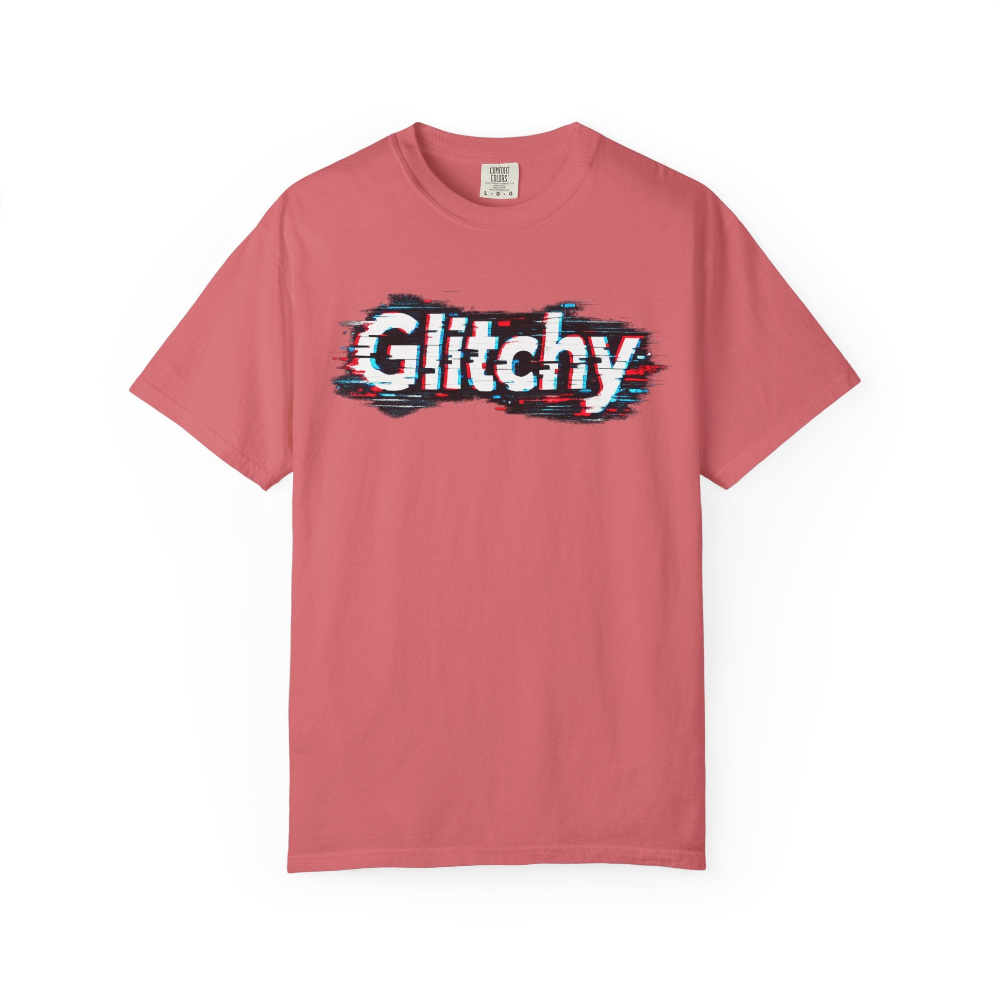 Glitchy Graphic T-Shirt — Retro Glitch Text Tee (Front "GO", Back "Glitchy")
