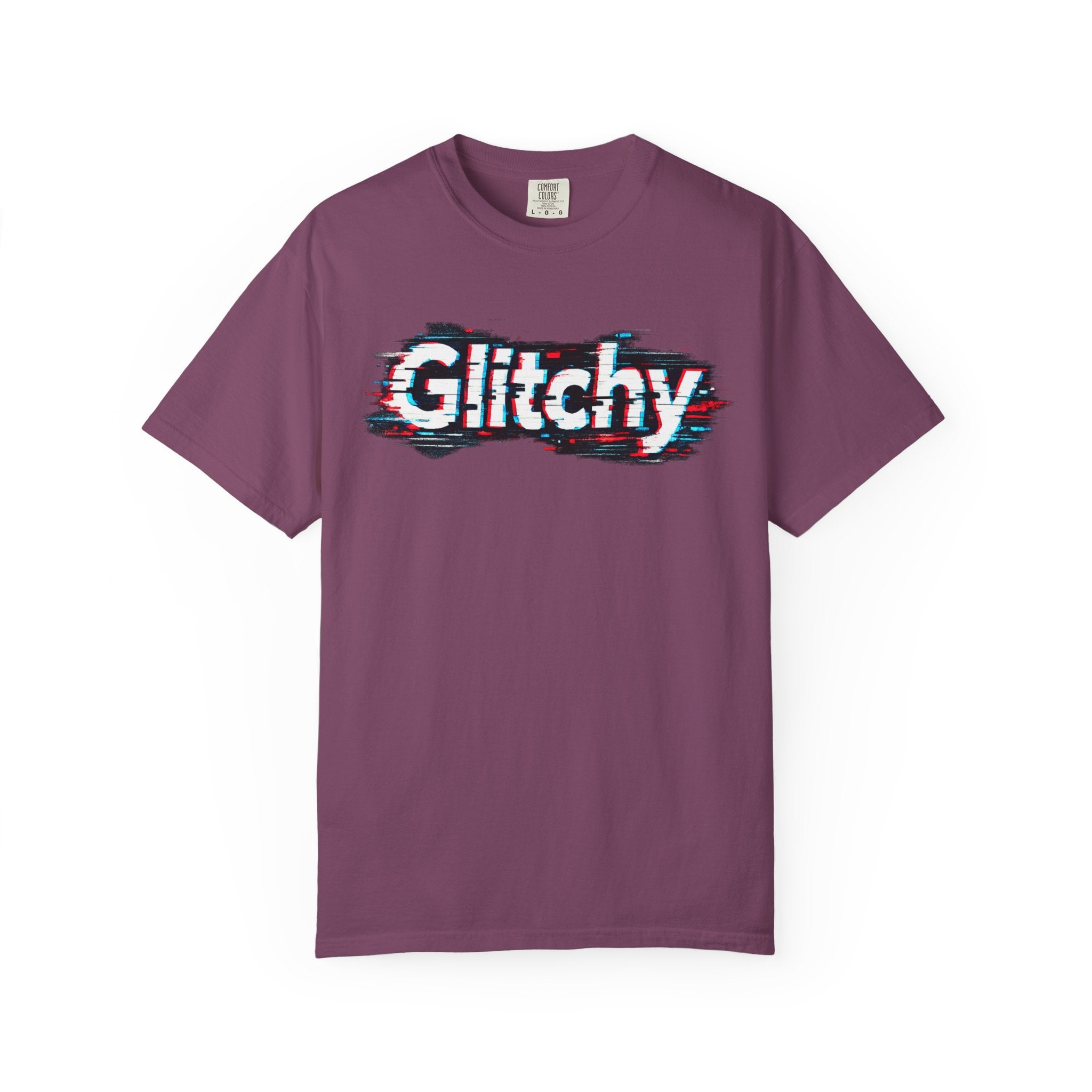 Glitchy Graphic T-Shirt — Retro Glitch Text Tee (Front "GO", Back "Glitchy")
