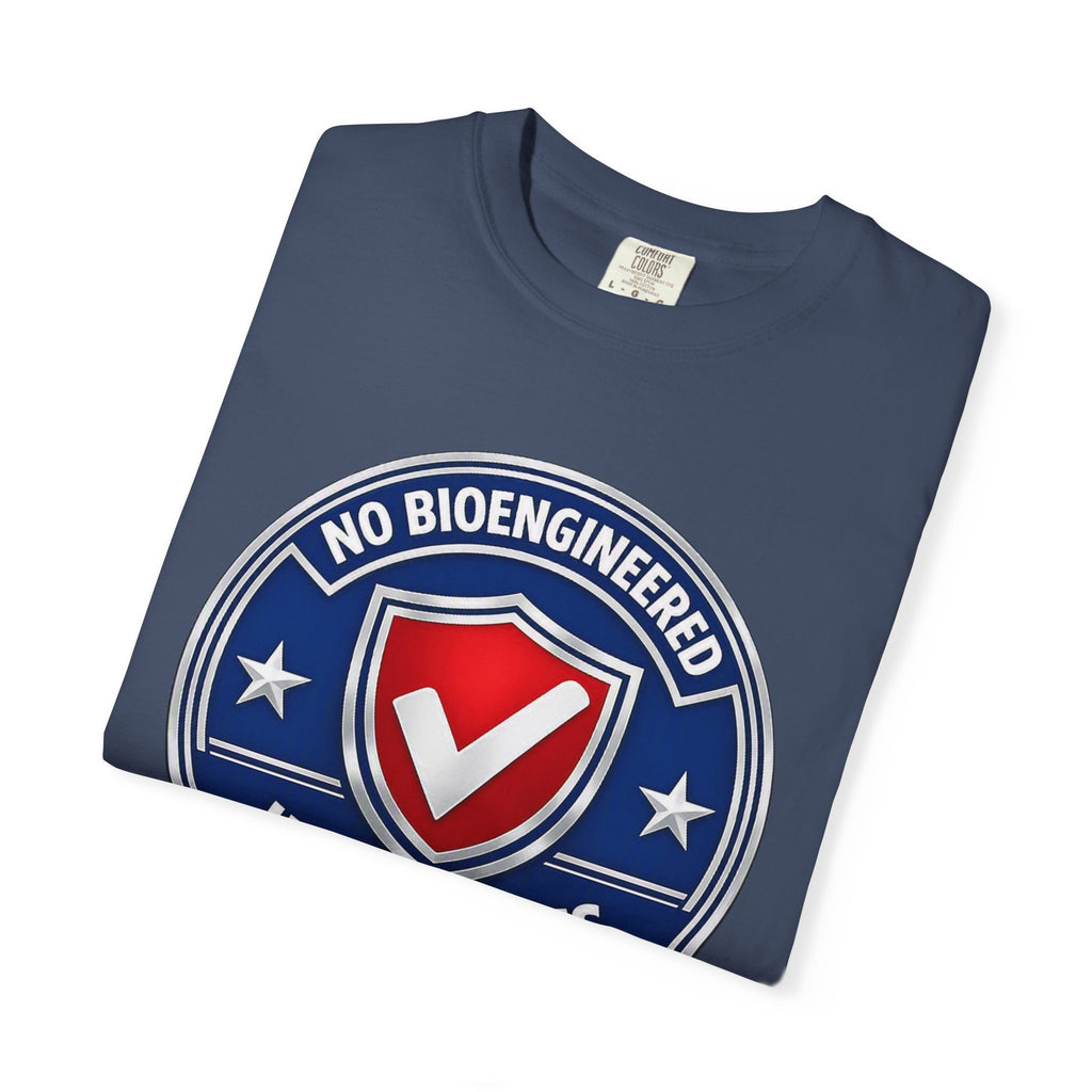 No Bioengineered Ingredients T-Shirt — Retro Shield Organic Food Badge Tee