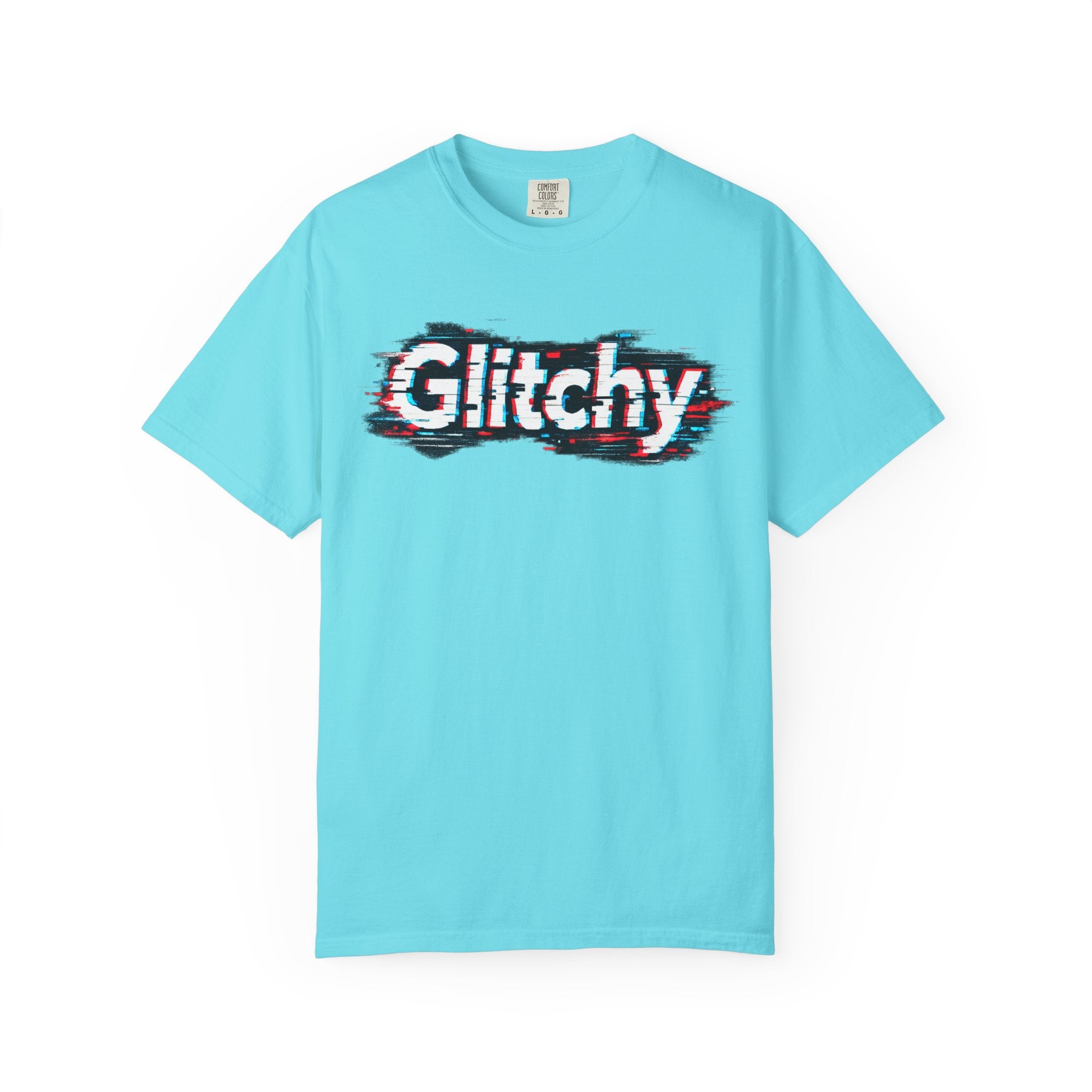 Glitchy Graphic T-Shirt — Retro Glitch Text Tee (Front "GO", Back "Glitchy")