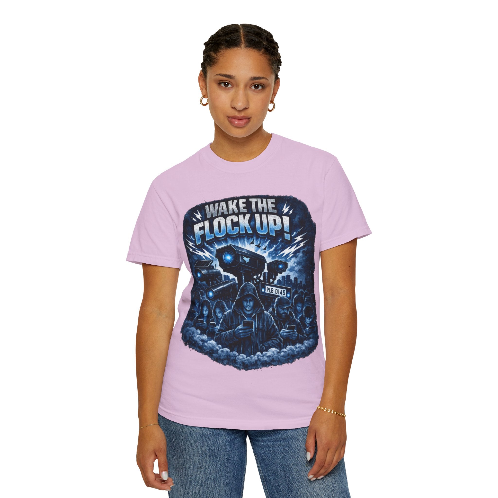 T-Shirt — "Wake the Flock Up" V2 Protest Graphic Tee (Bold Blue Dystopian Design)