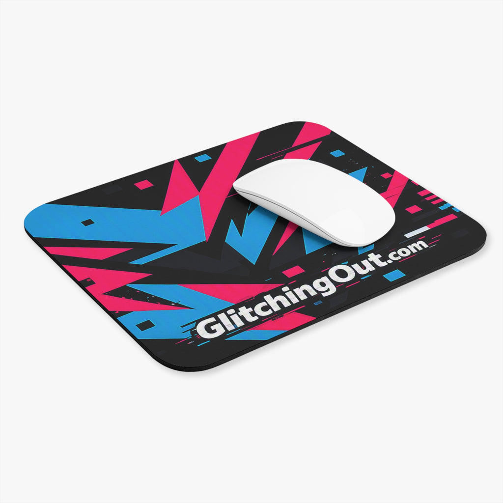 GlitchingOut Retro Cyber Geometric Mouse Pad — Neon Blue & Pink Rectangle