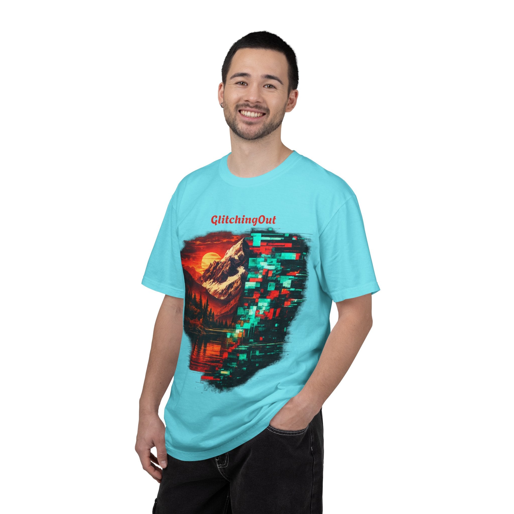 Graphic T-Shirt — "Glitching Out" Mountain Sunset Pixel Art