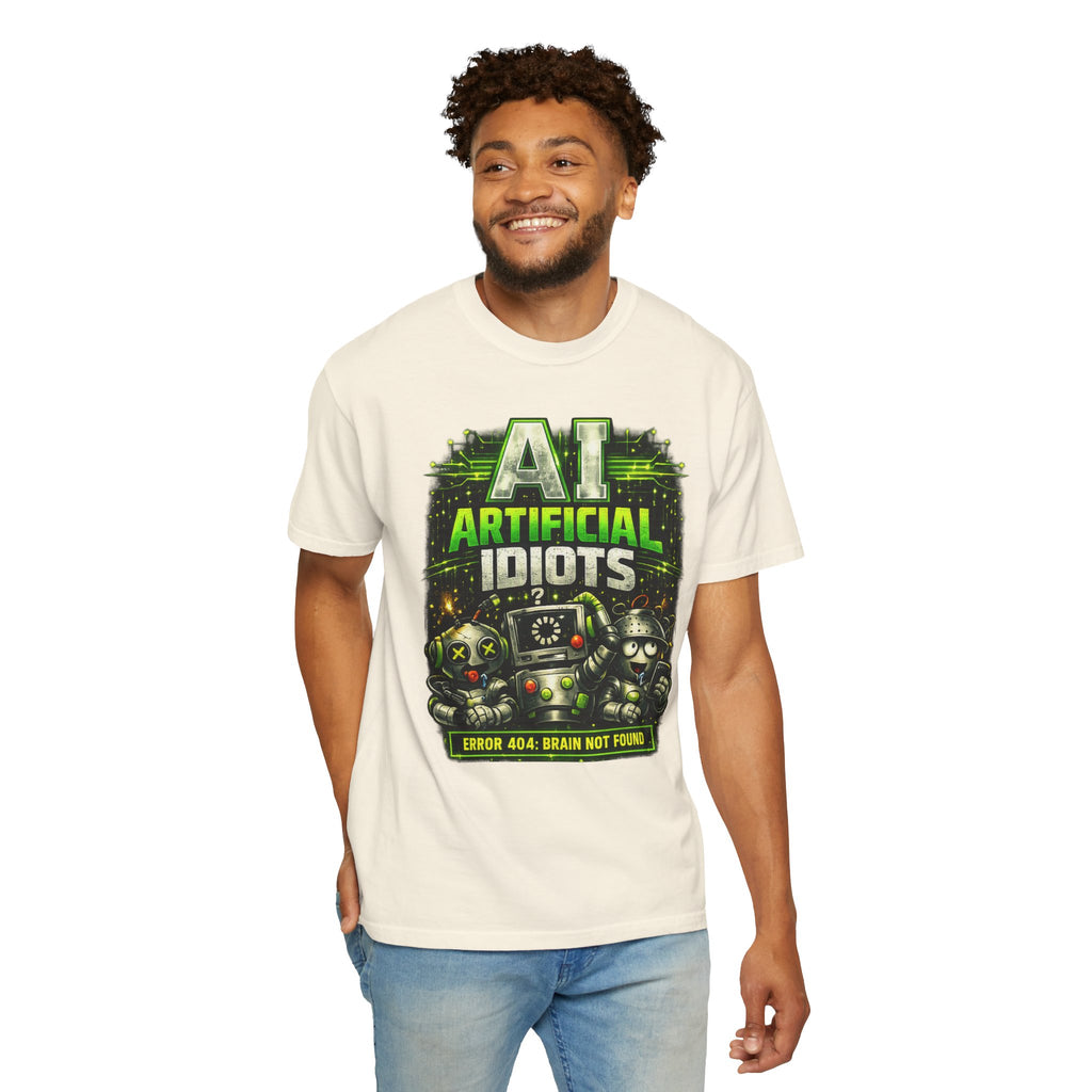 'AI Artificial Idiots: Error 404 — Brain Not Found' Satire Graphic T-Shirt