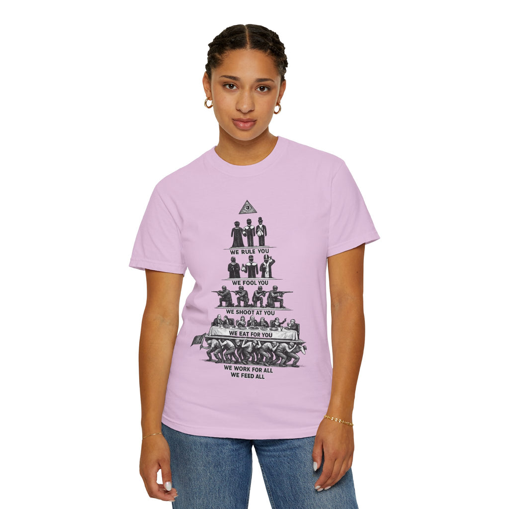 T-Shirt — Hierarchy of Power Graphic Tee ("We Rule You / We Fool You / We Shoot At You / We Eat For You / We Work For All / We Feed All")