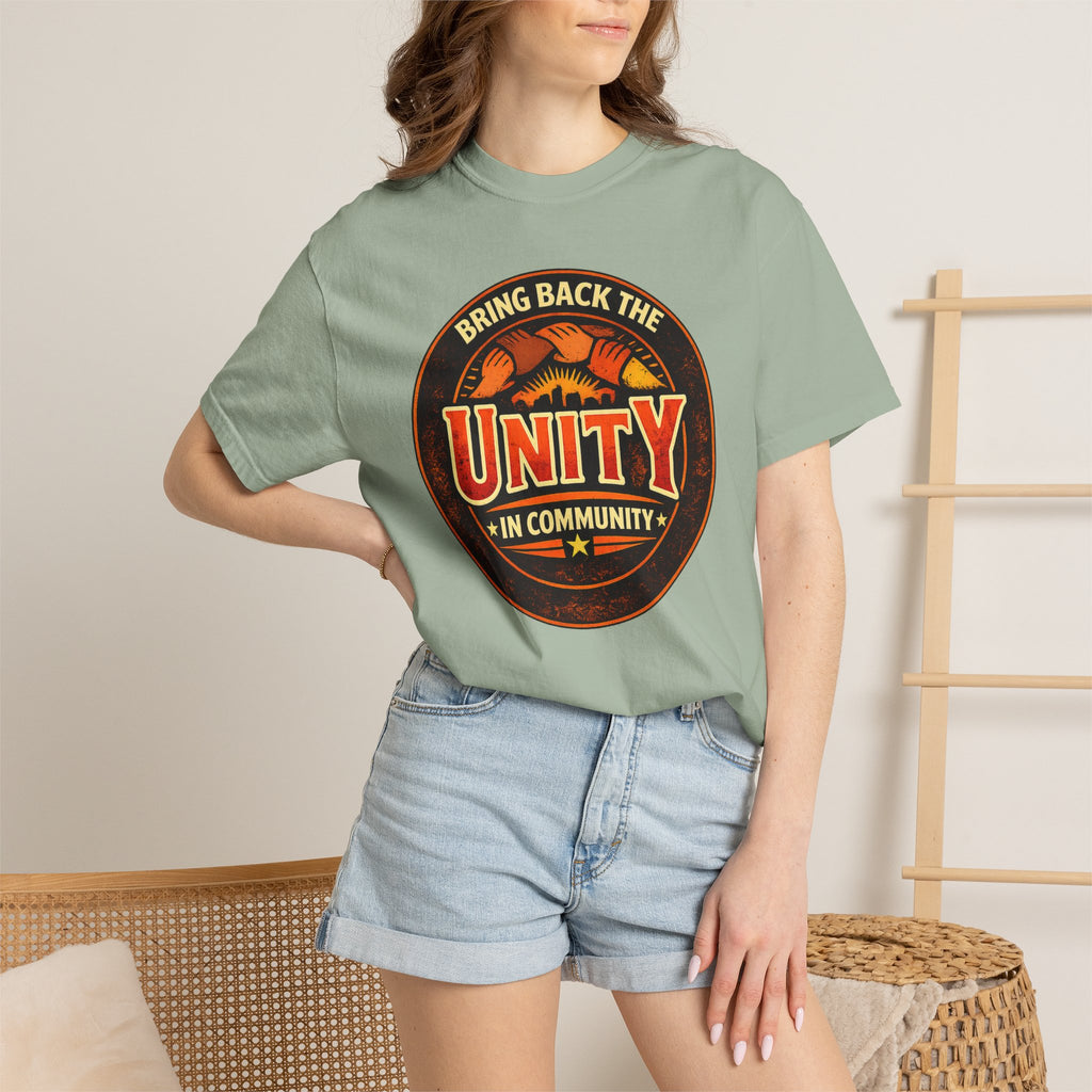 Unity Graphic T-Shirt — "Bring Back the Unity in Community" Vintage Badge Design