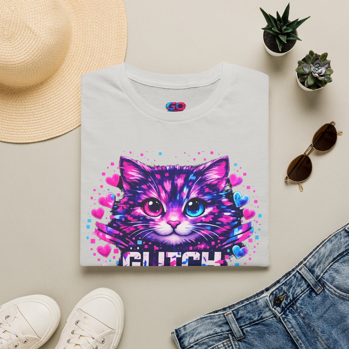 Glitch Cat T-Shirt — Retro Neon Kitty “Glitch the System” Graphic Tee