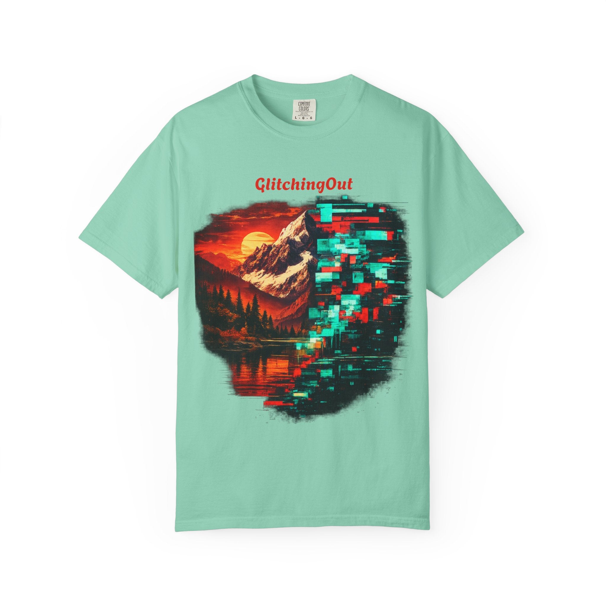 Graphic T-Shirt — "Glitching Out" Mountain Sunset Pixel Art