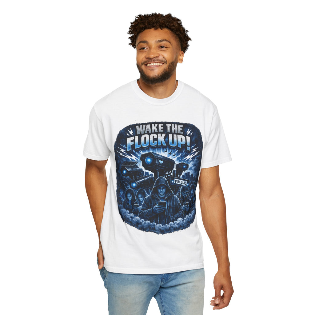 T-Shirt — "Wake the Flock Up" V2 Protest Graphic Tee (Bold Blue Dystopian Design)