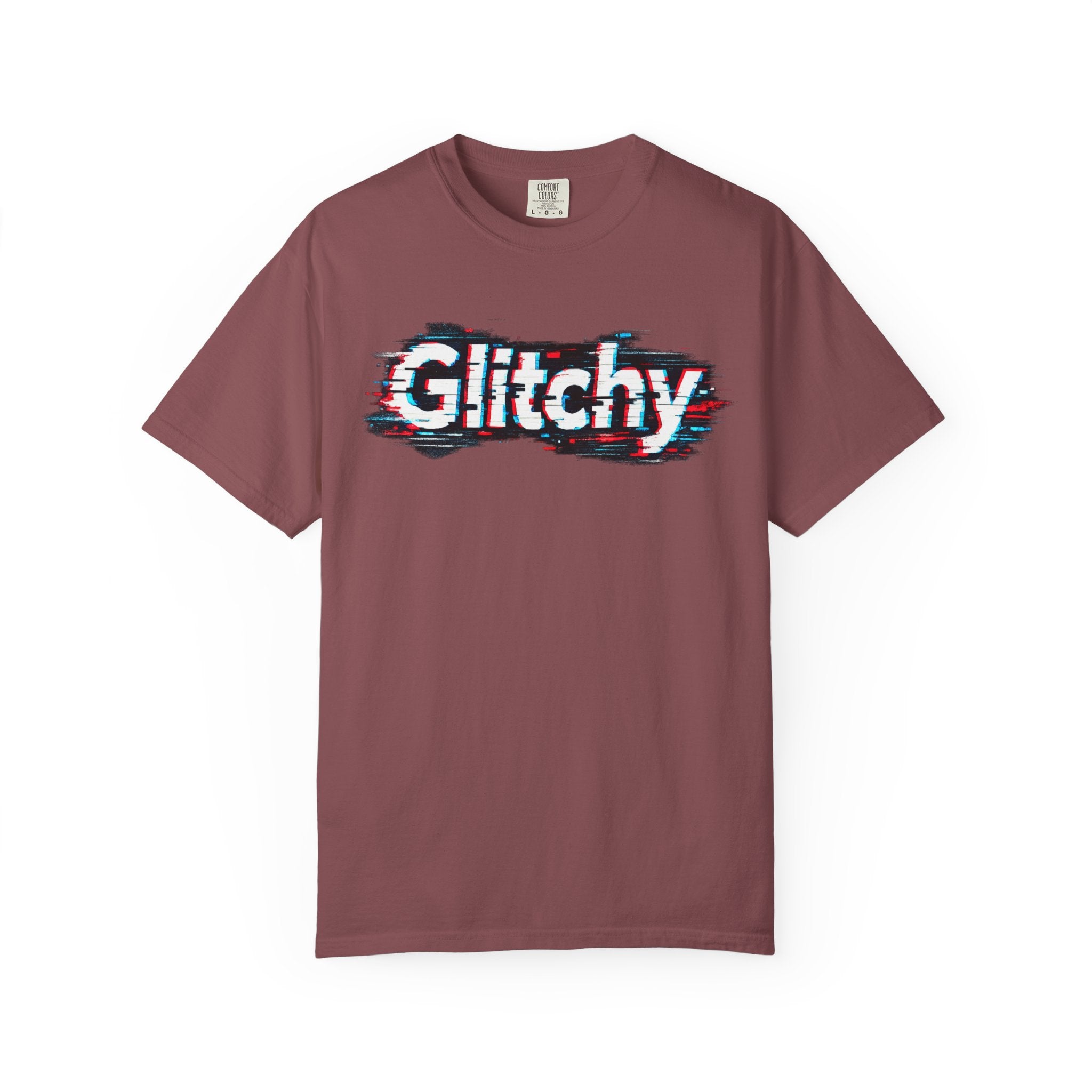 Glitchy Graphic T-Shirt — Retro Glitch Text Tee (Front "GO", Back "Glitchy")